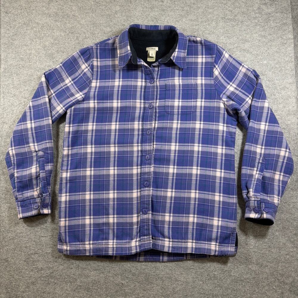 VTG L.L.Bean Flannel Shirt Jacket Womens XS Purple Plaid Fleece Lined Button Up
